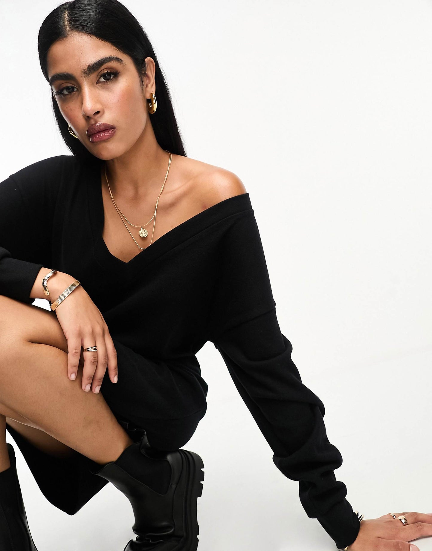 Supersoft Slouchy V Neck Jumper Mini Dress