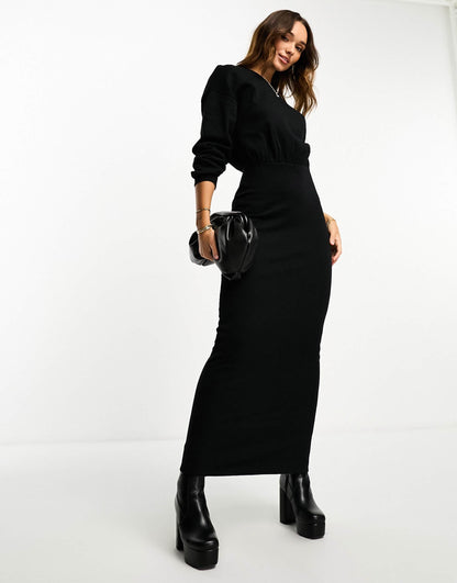 Crew Neck Blouson Sleeve Ribbed Maxi Dress