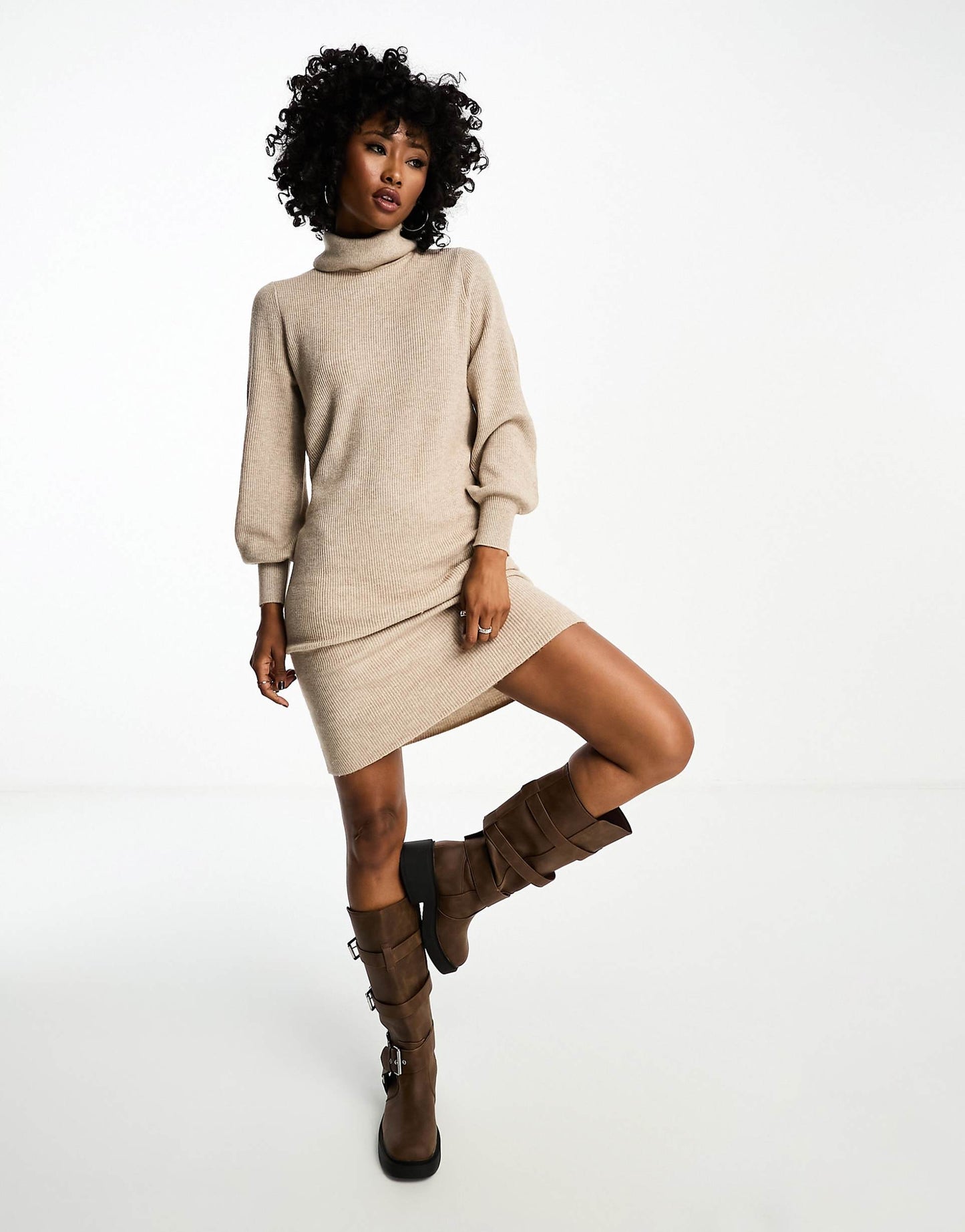 Roll Neck Puff Sleeve Knitted Midi Jumper Dress