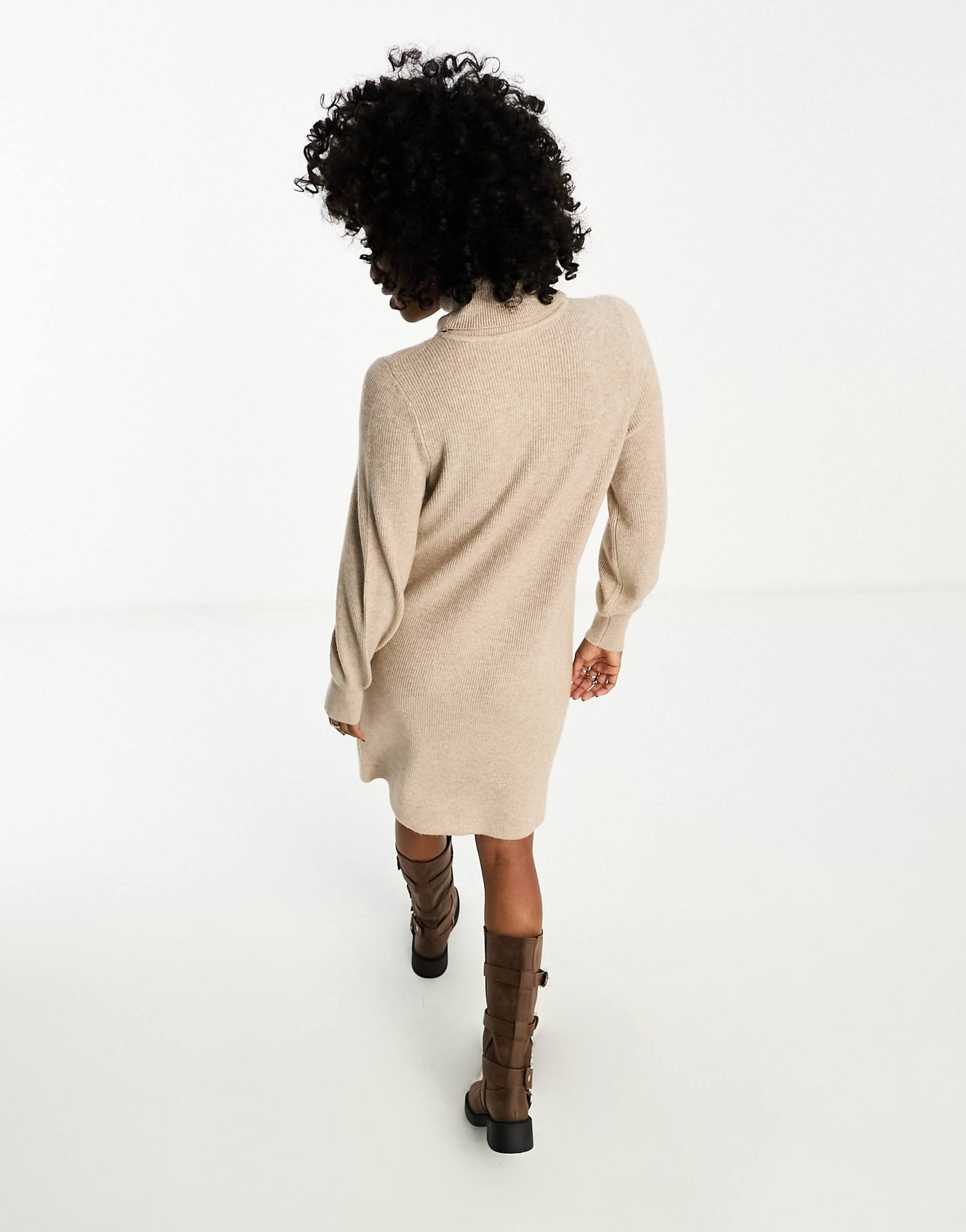 Roll Neck Puff Sleeve Knitted Midi Jumper Dress