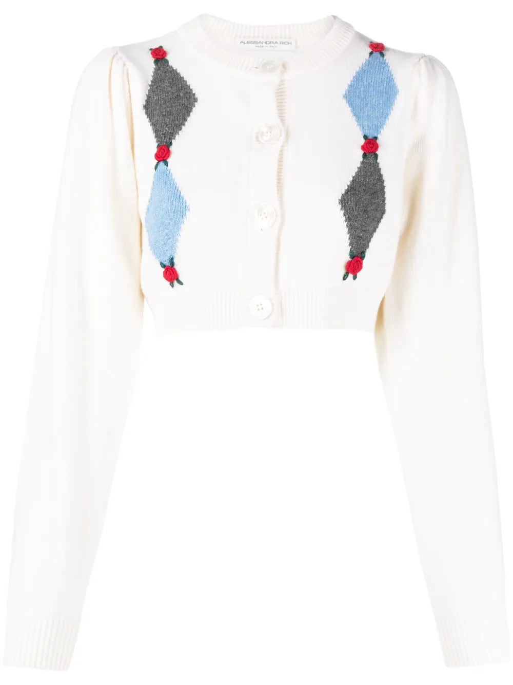 Rose-Embroidered Argyle Wool Cardigan