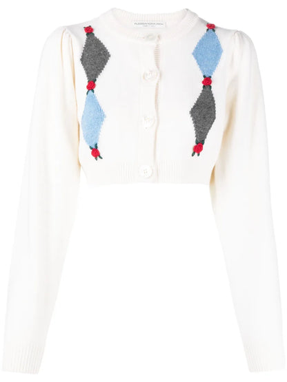Rose-Embroidered Argyle Wool Cardigan