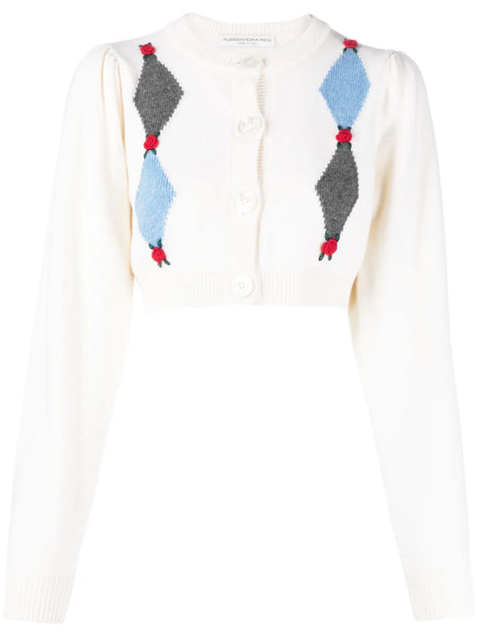 Rose-Embroidered Argyle Wool Cardigan