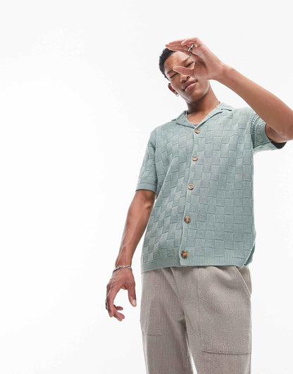Knitted Textured Check Revere Neck Shirt