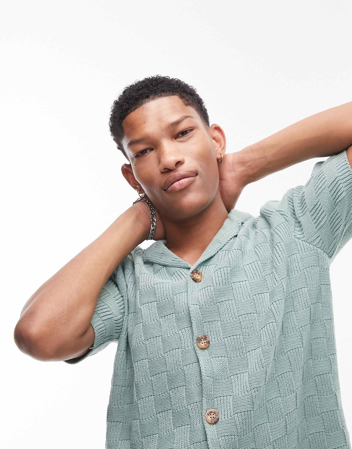 Knitted Textured Check Revere Neck Shirt