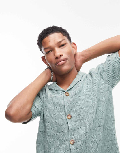 Knitted Textured Check Revere Neck Shirt