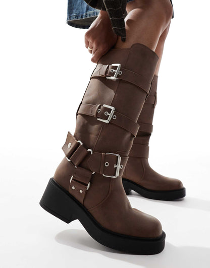 Captain Multi-Buckle Biker Knee Boots