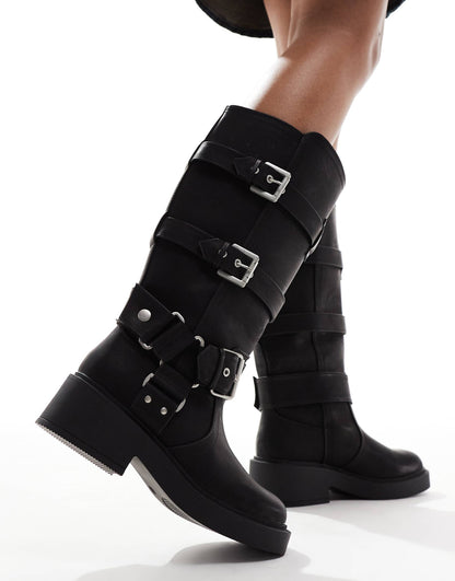 Captain Multi-Buckle Biker Knee Boots