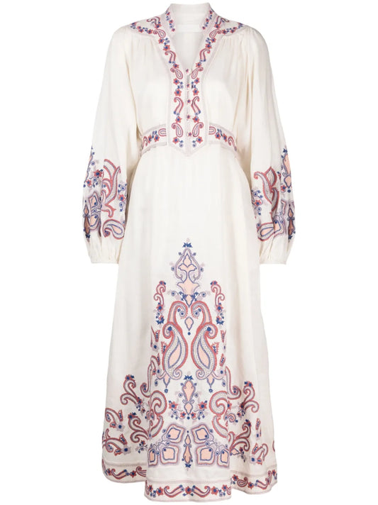 Devi Floral-Embroidery Midi Dress