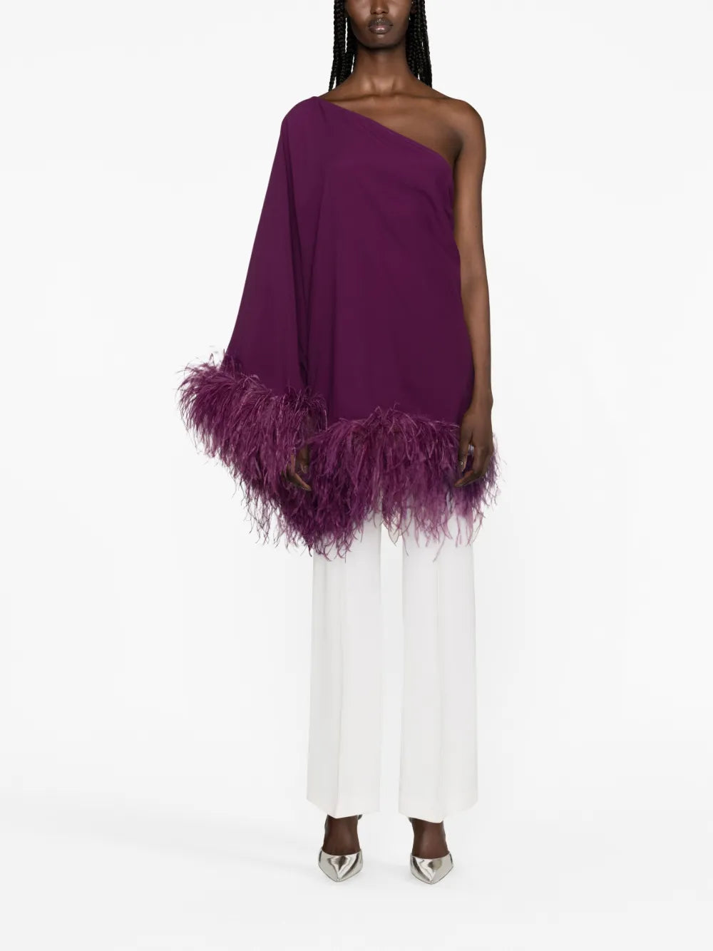 Feather-Trimmed One-Shoulder Top