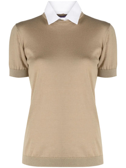 Pointed-Collar Layered Fine-Knit Jumper