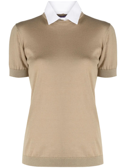 Pointed-Collar Layered Fine-Knit Jumper