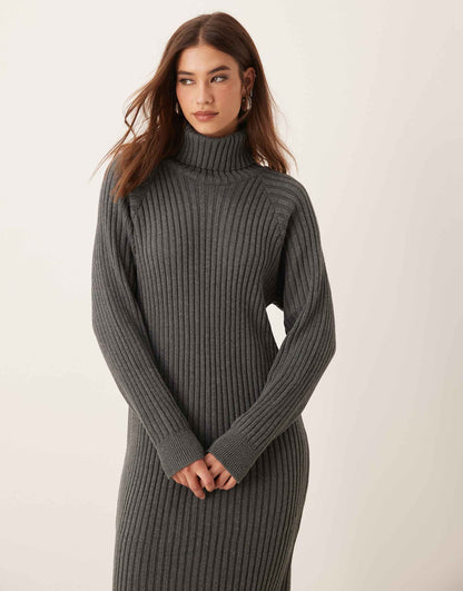 Ribbed Roll Neck Jumper Midi Dress