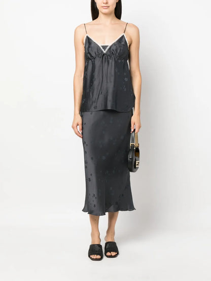 Floral-Motif Drawstring Sleeveless Top