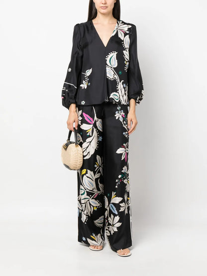 Floral-Print Silk Drawstring Trousers