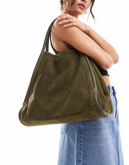 Suede Tote Bag With Tubular Piping