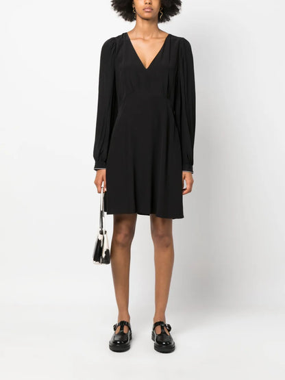 Puff-Sleeve V-Neck Flared Dress