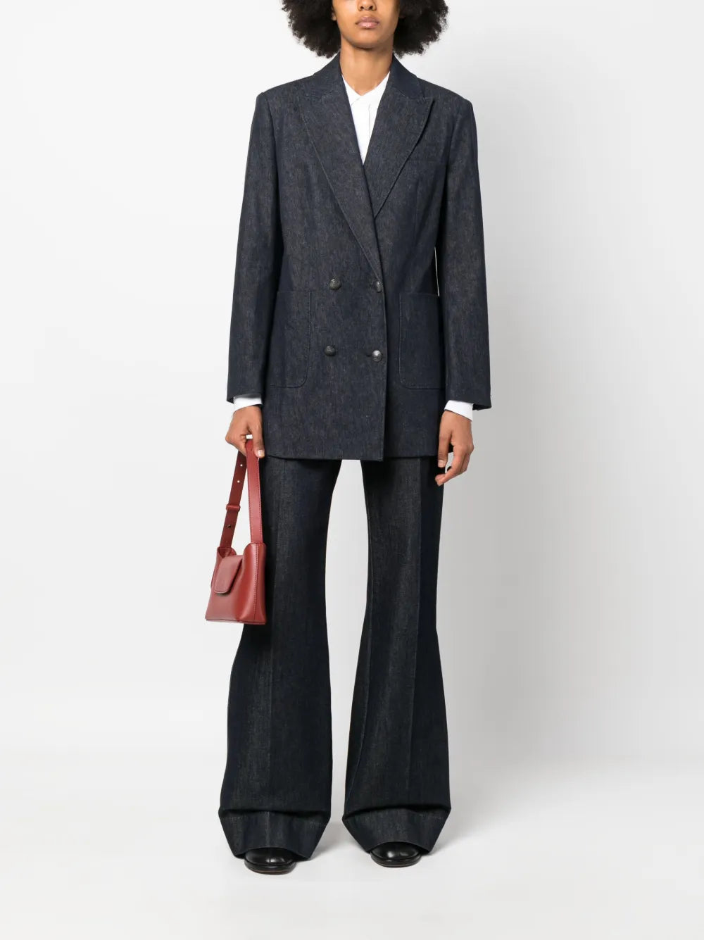 Long-Sleeved Denim Double-Breasted Blazer