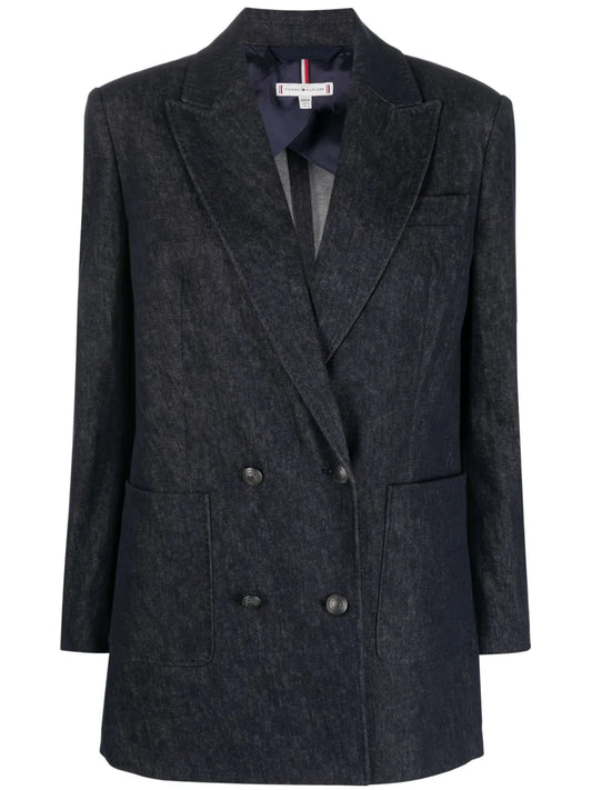 Long-Sleeved Denim Double-Breasted Blazer