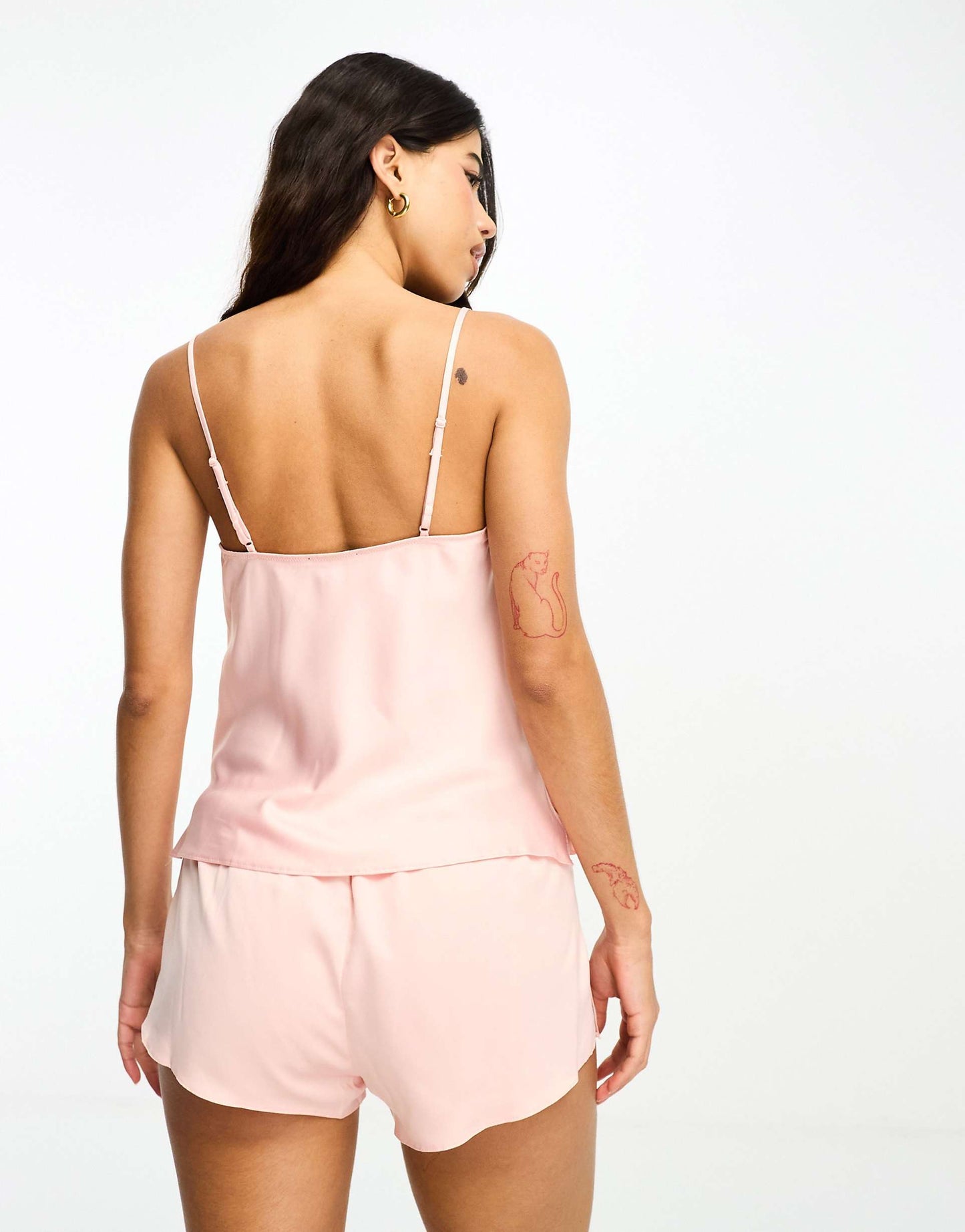 Cerise Satin Cami Short Set With Lace Trim