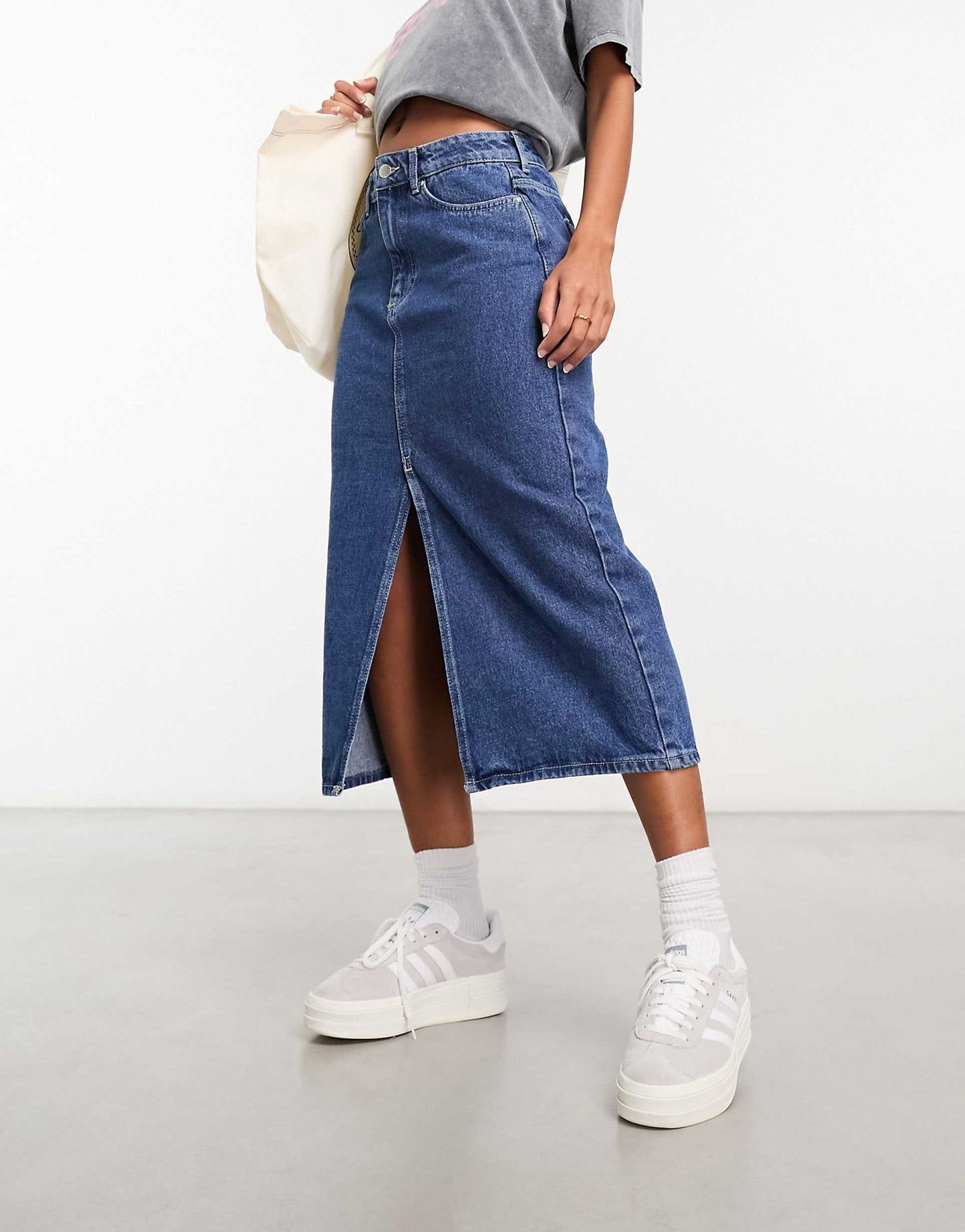 Denim Midi Skirt With Front Split