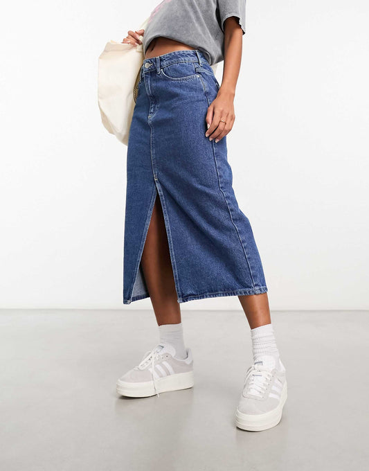 Denim Midi Skirt With Front Split