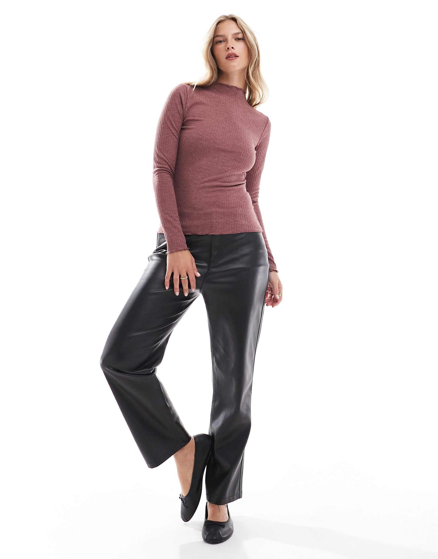 Lettuce Edge High Neck Ribbed Top