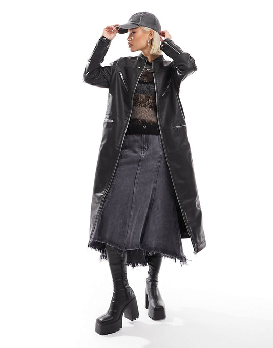 Longline Distressed Faux Leather Biker Jacket