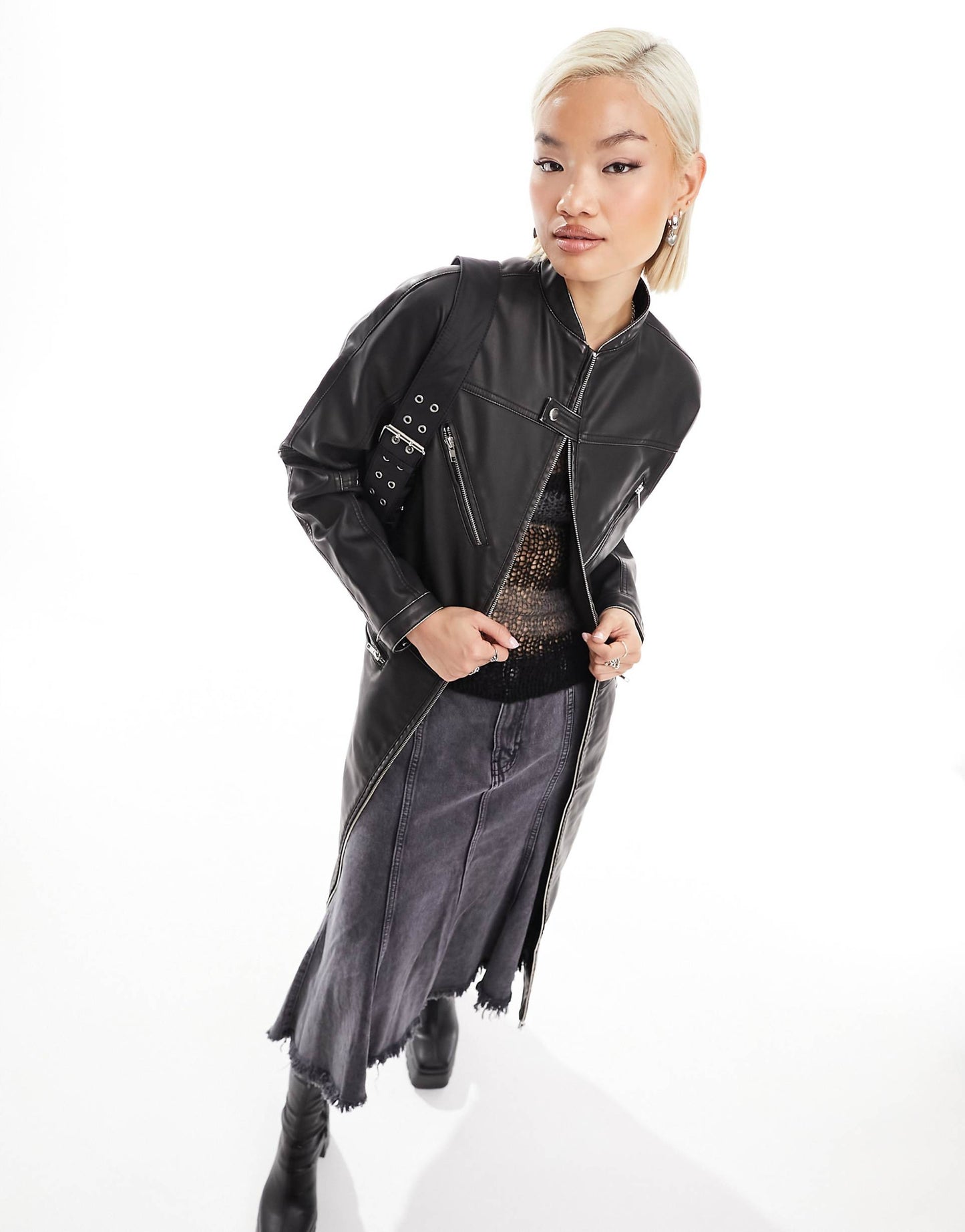 Longline Distressed Faux Leather Biker Jacket