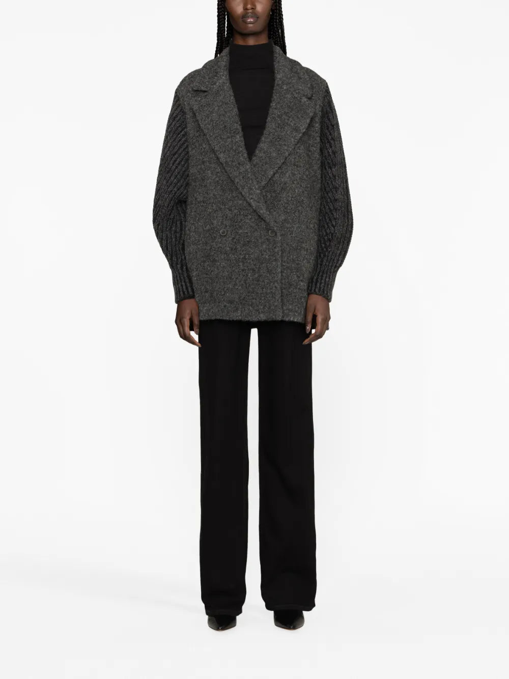 Knitted-Sleeved Double-Breasted Coat
