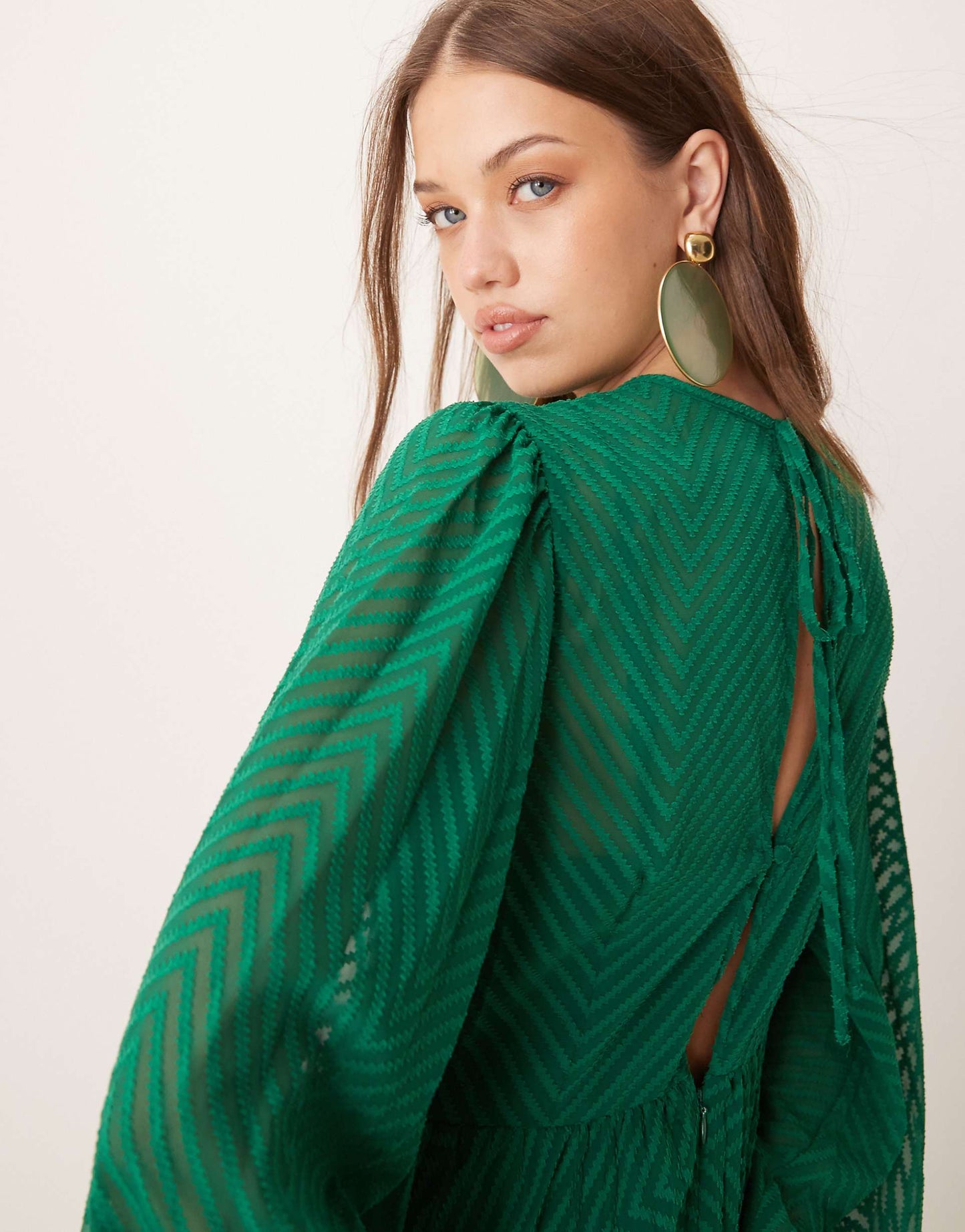Tie Back Fluted Sleeve Pleated Chevron Chiffon Midi Dress