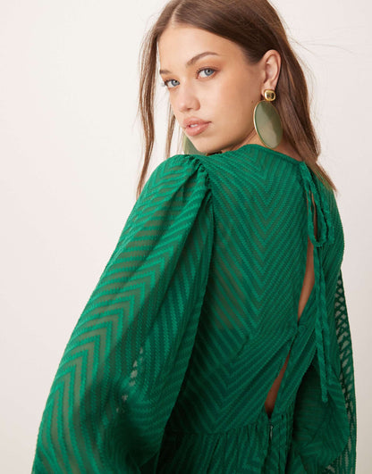 Tie Back Fluted Sleeve Pleated Chevron Chiffon Midi Dress