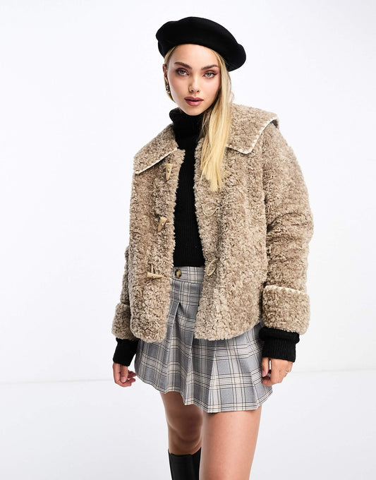 Collar Detail Faux Shearling Toggle Jacket