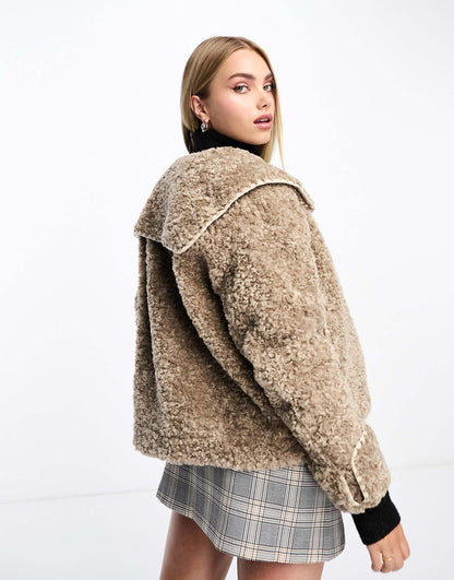 Collar Detail Faux Shearling Toggle Jacket