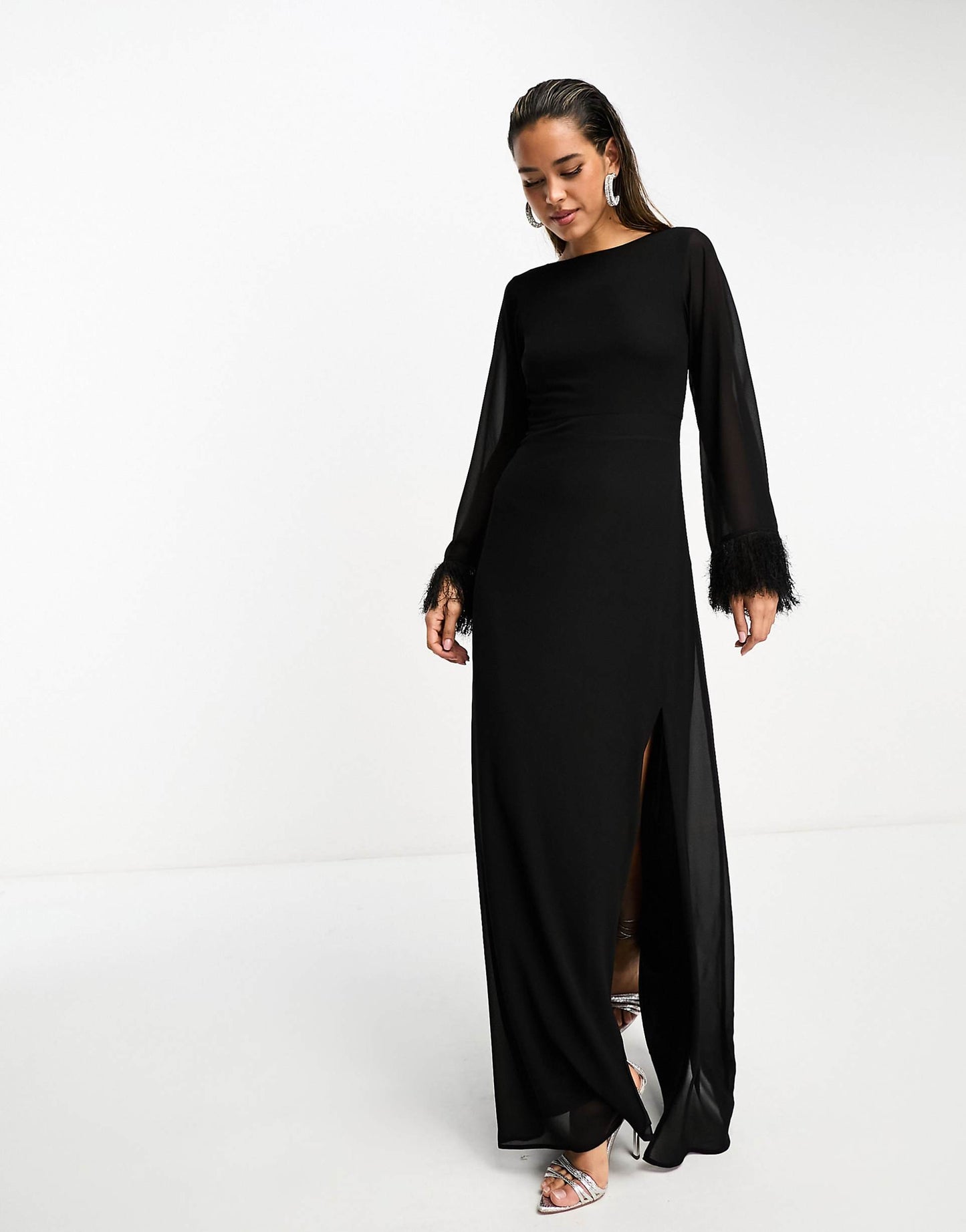 Long Sleeve Maxi Dress With Faux Feather Cuffs
