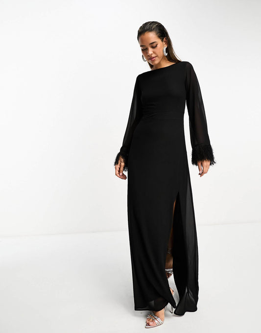 Long Sleeve Maxi Dress With Faux Feather Cuffs
