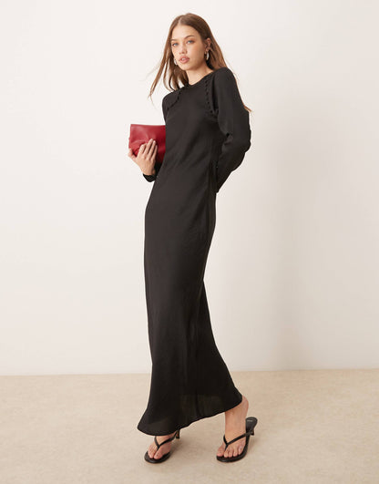 Satin Biased Maxi Dress With Button Detail