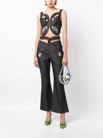 Crystal-Embellished Cut-Out Crop Top