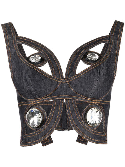 Crystal-Embellished Cut-Out Crop Top