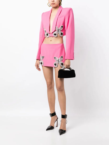Butterfly-Embroidered Cropped Blazer