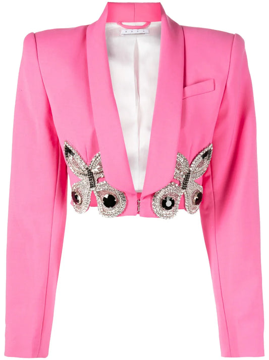 Butterfly-Embroidered Cropped Blazer