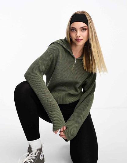 High Zip Neck Knitted Sweater