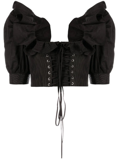 Ruffle-Collar Corset-Style Blouse