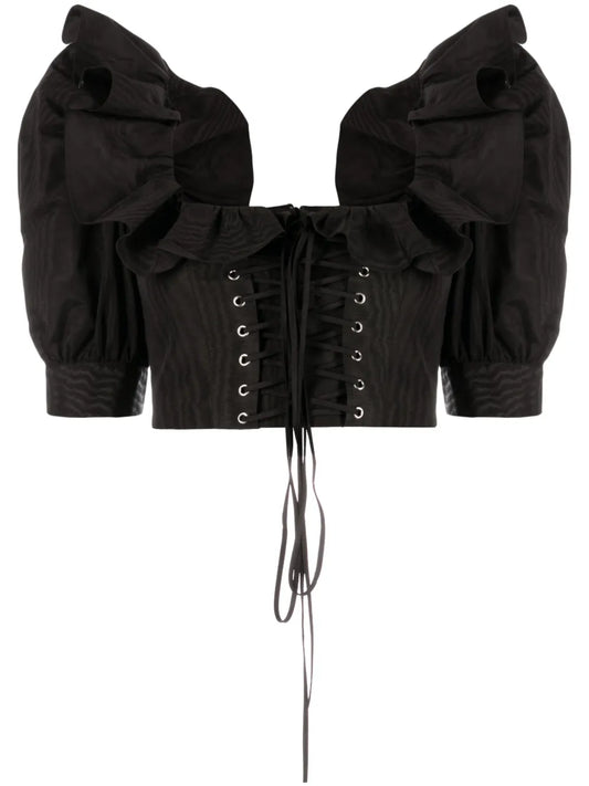 Ruffle-Collar Corset-Style Blouse