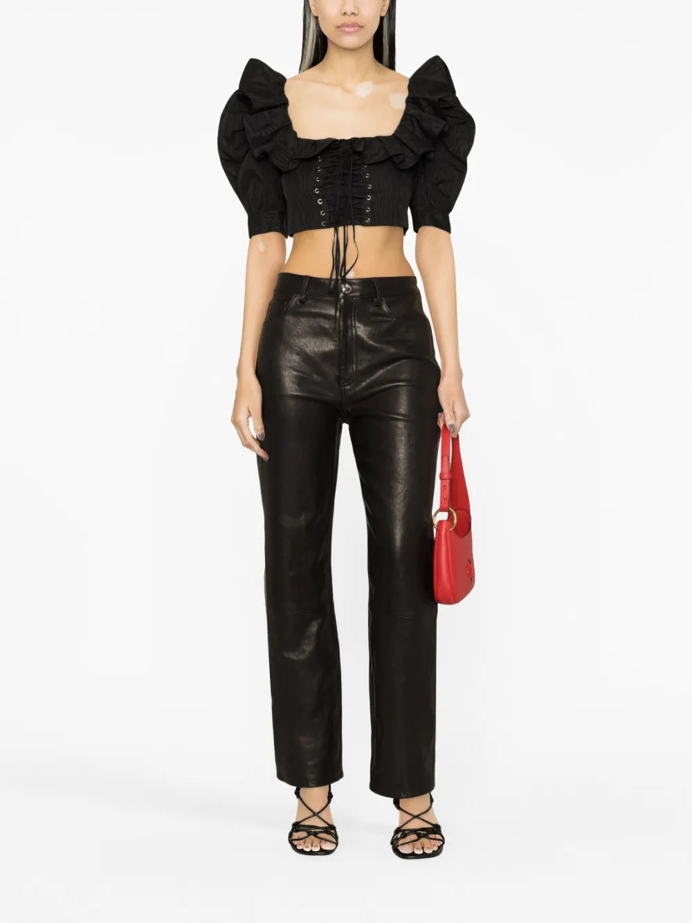 Ruffle-Collar Corset-Style Blouse