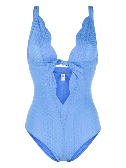 Scallop Bow-Detail Seersucker Swimsuit