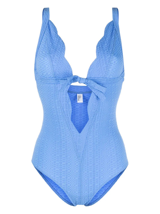 Scallop Bow-Detail Seersucker Swimsuit