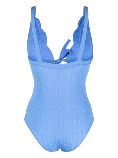 Scallop Bow-Detail Seersucker Swimsuit