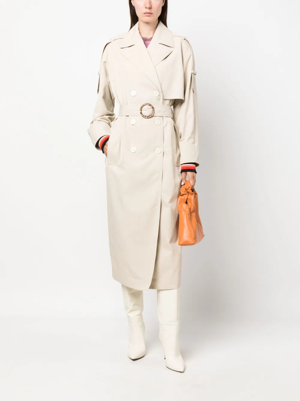 Stripe-Detail Belted Trench Coat