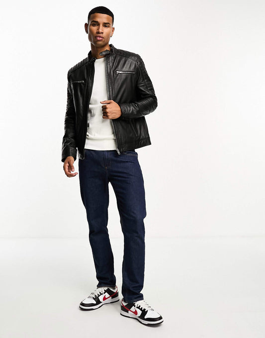 Real Leather Racing Jacket With Zip Pockets